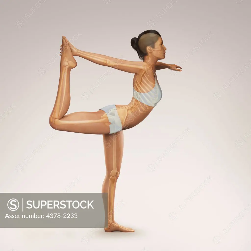 Skeleton layered over a female body in the dancer's pose showing the skeletal stretch in this particular yoga posture.