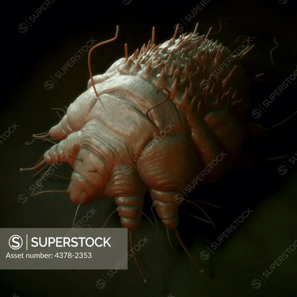 A close up view of the cause of scabies - the mite Sarcoptes scabiei.
