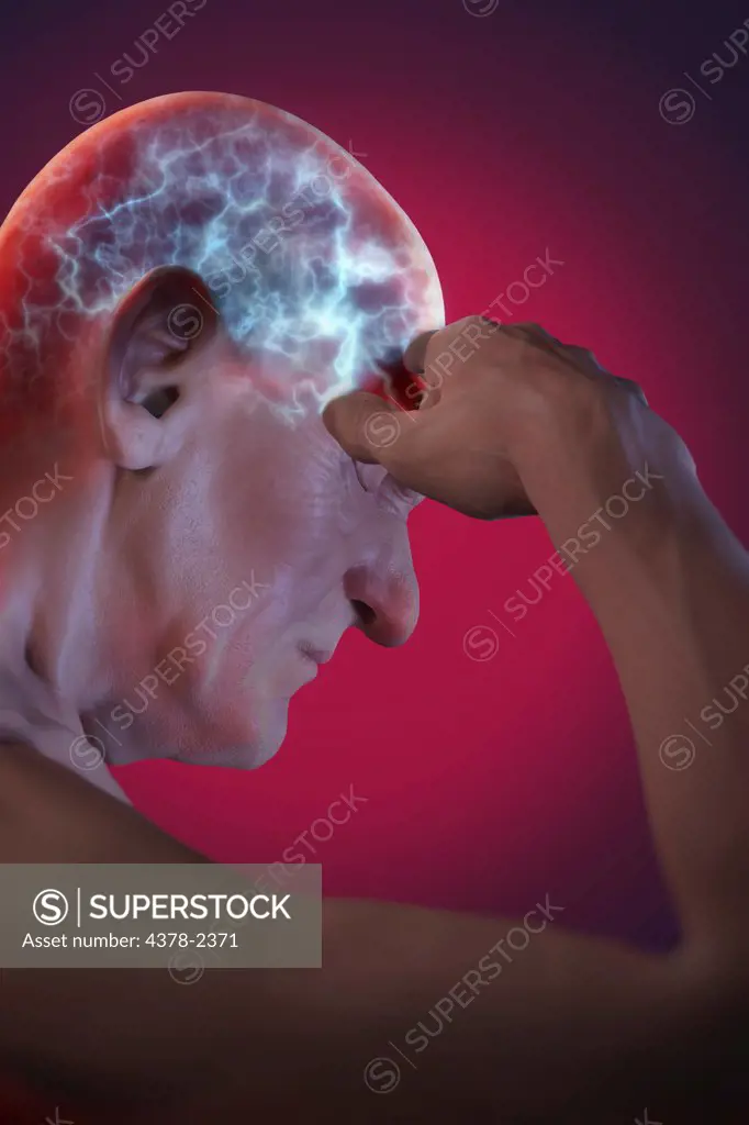 Anatomical model with an illuminated brain showing the activity of nerve cells which causes head pain.