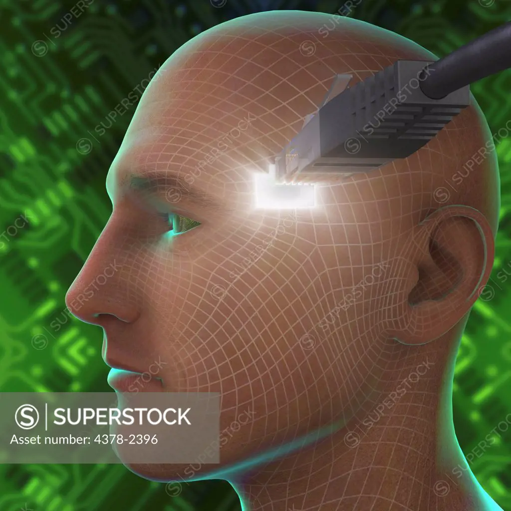 Diagram showing a LAN cable entering a socket on the side of a human head.