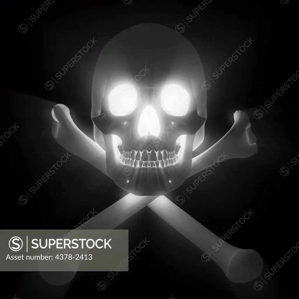 Illuminated skull and crossbones symbolizing danger or death.