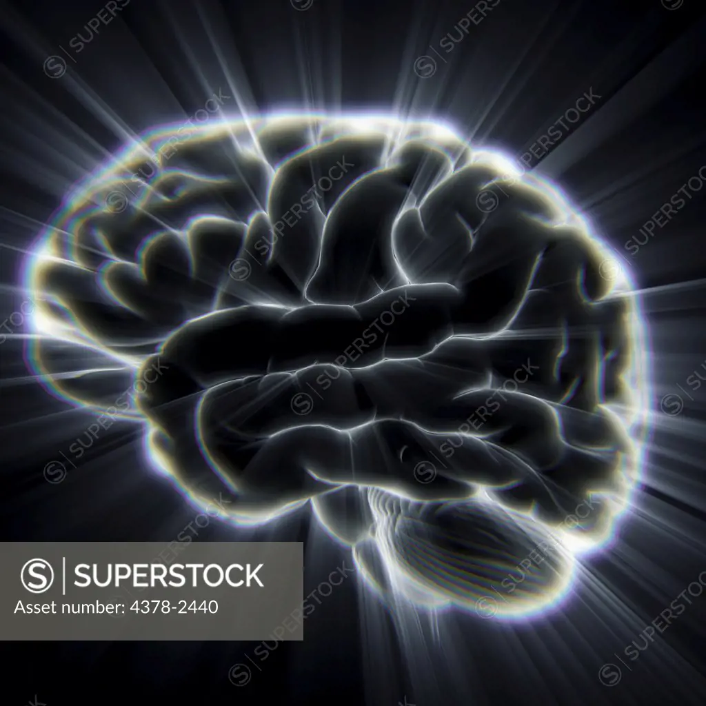 Diagram of the human brain emanating light beams.