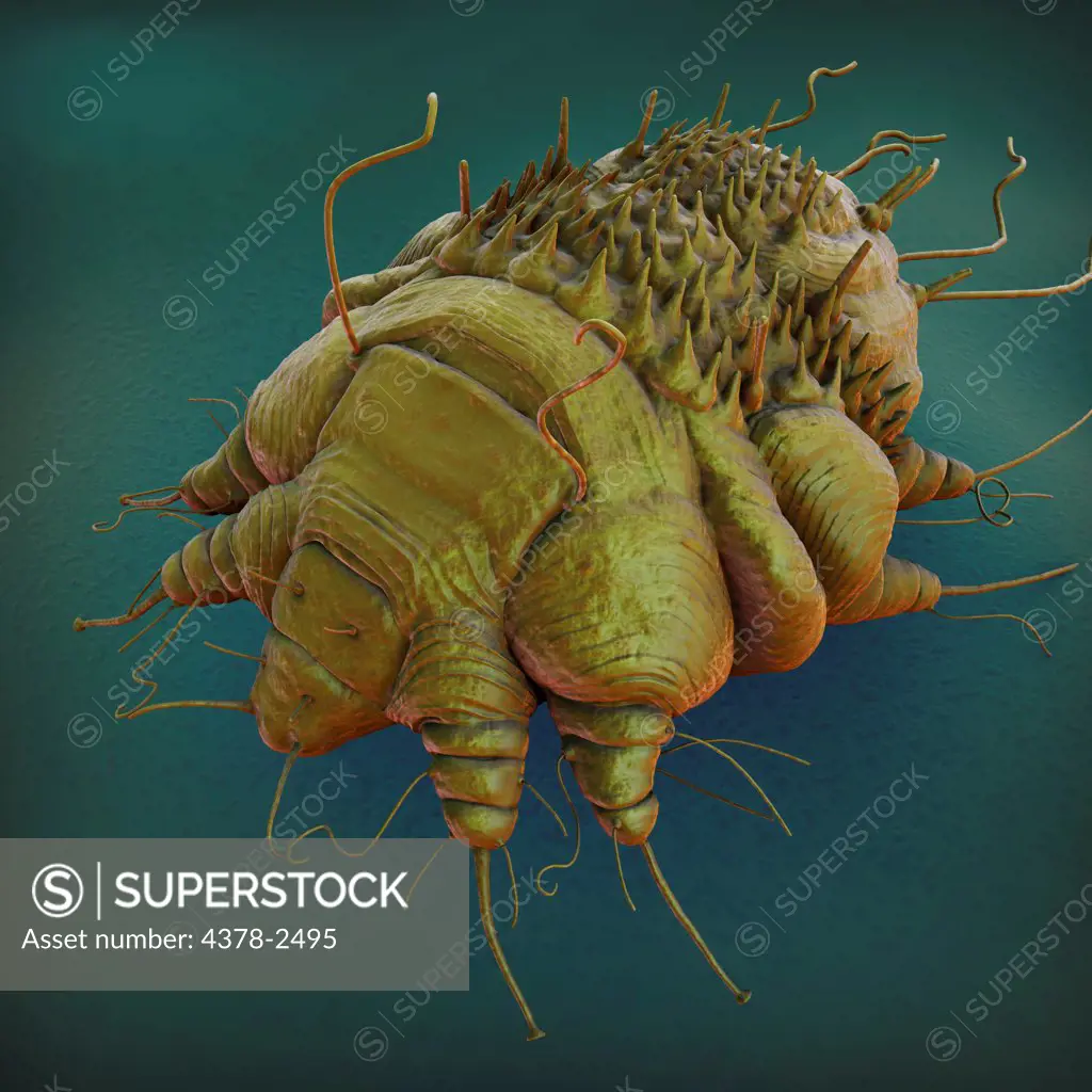 A close up view of the cause of scabies - the mite Sarcoptes scabiei.