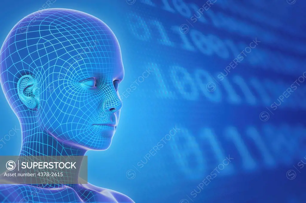 Wire frame model layered over a face to represent a digital human being.