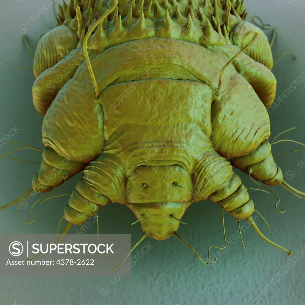 A close up view of the cause of scabies - the mite Sarcoptes scabiei.