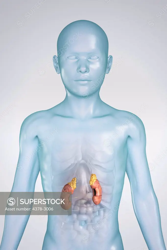 Anatomical model of a child showing the kidneys.