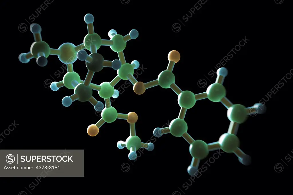 Molecular model of the drug Cocaine or Benzoylmethylecgonine.