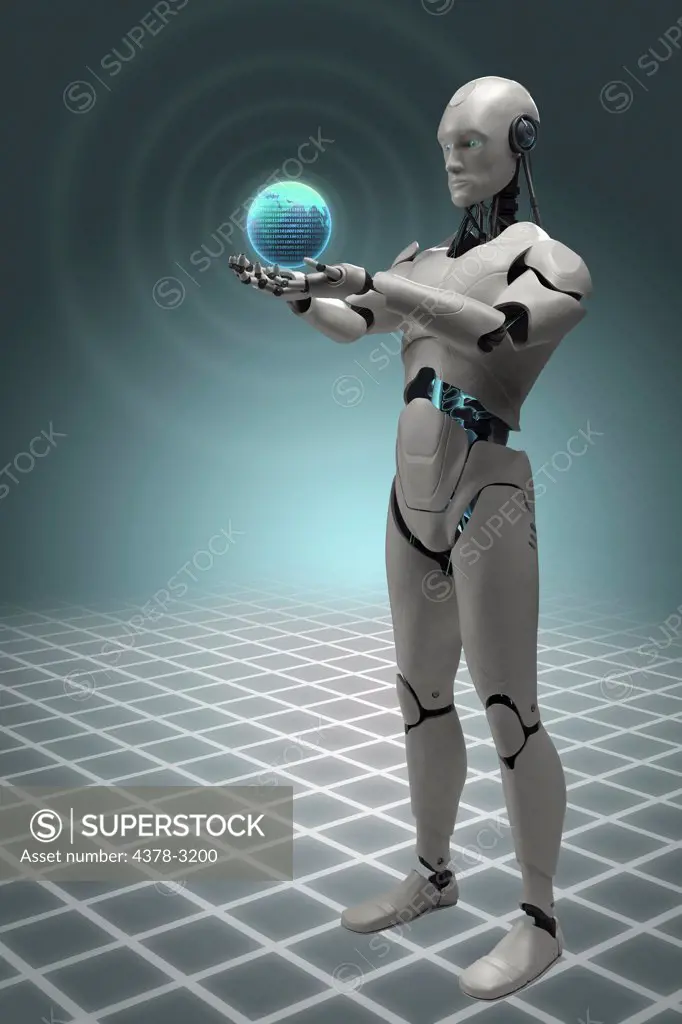 A male android stands holding a floating globe on a wireframe platform.