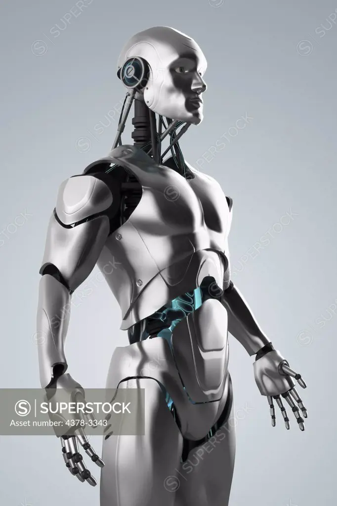 A male android standing against a gray backdrop.