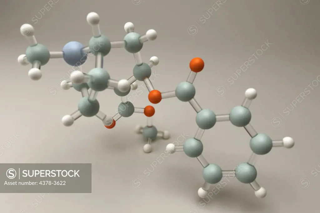 Molecular model of the drug Cocaine or Benzoylmethylecgonine.
