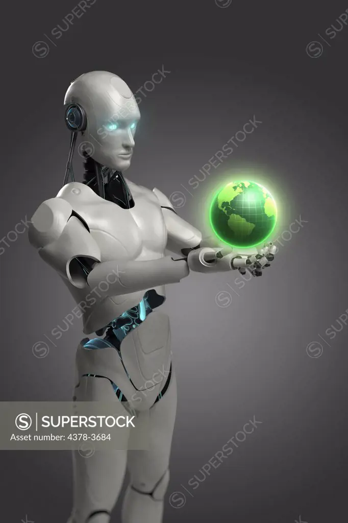 A male android stands holding a floating globe on a grey background.