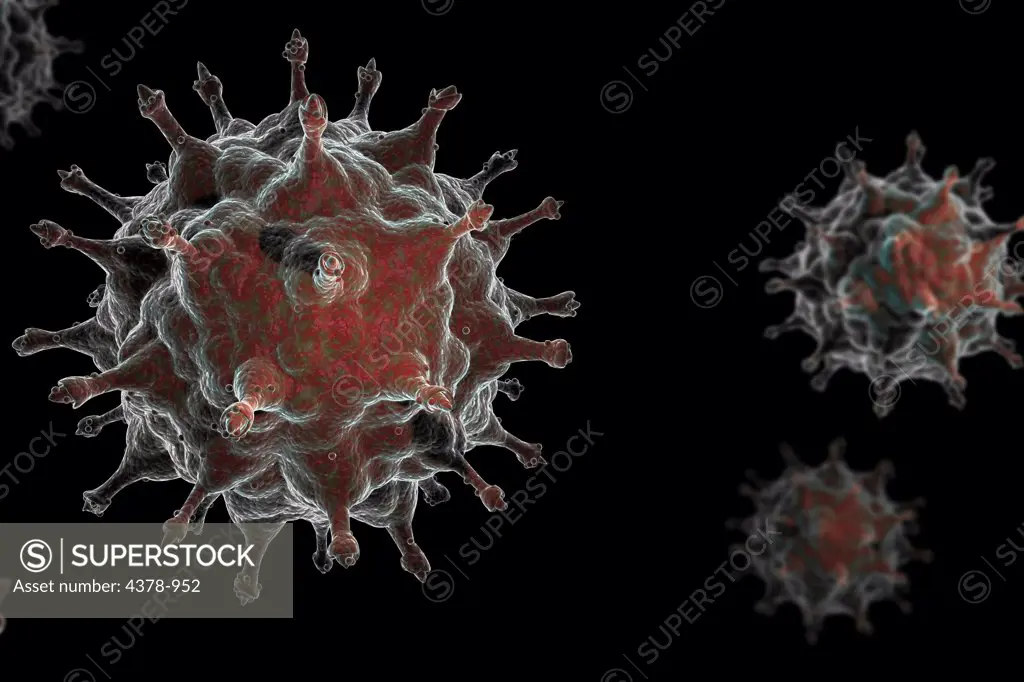 Stylized view of avian influenza virus particles.