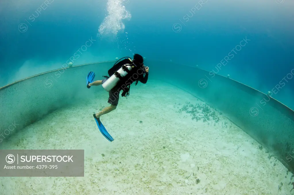 A diver films an approaching trawl net, Sabah, Malaysia.