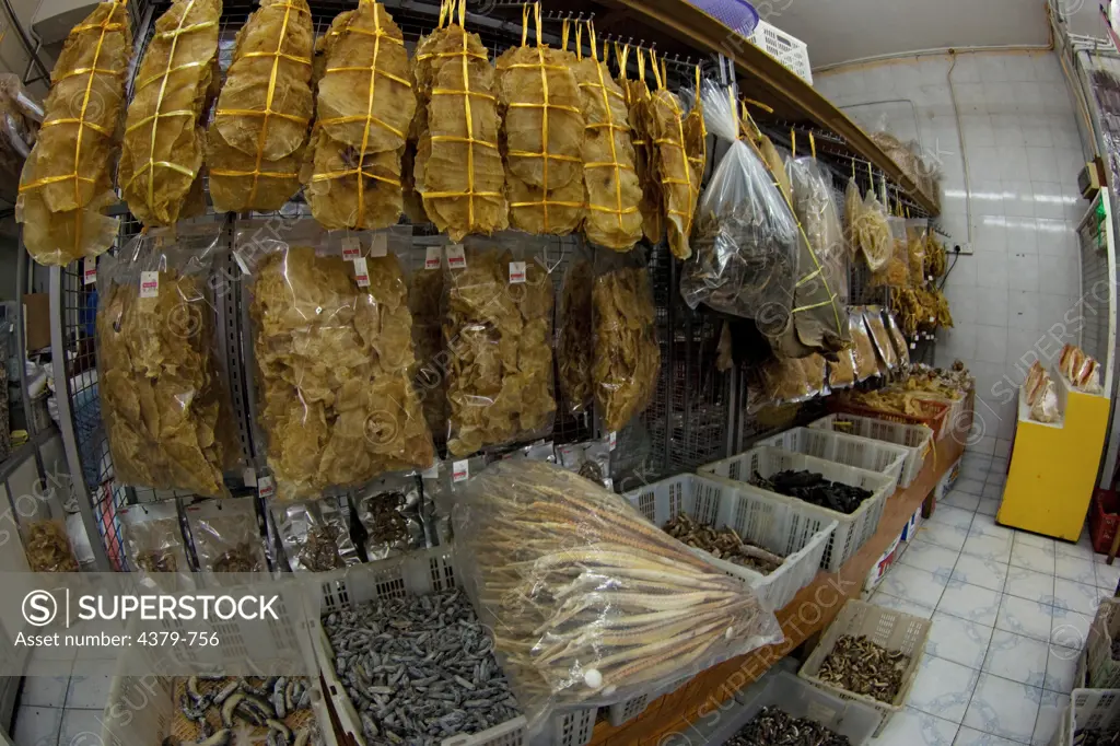 Dried seafood products for sale, including shark fin, in Kota Kinabalu, Sabah, Borneo, Malaysia.