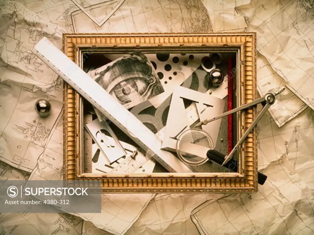 Engineering Montage in Frame with Maps, Rulers, and Compass