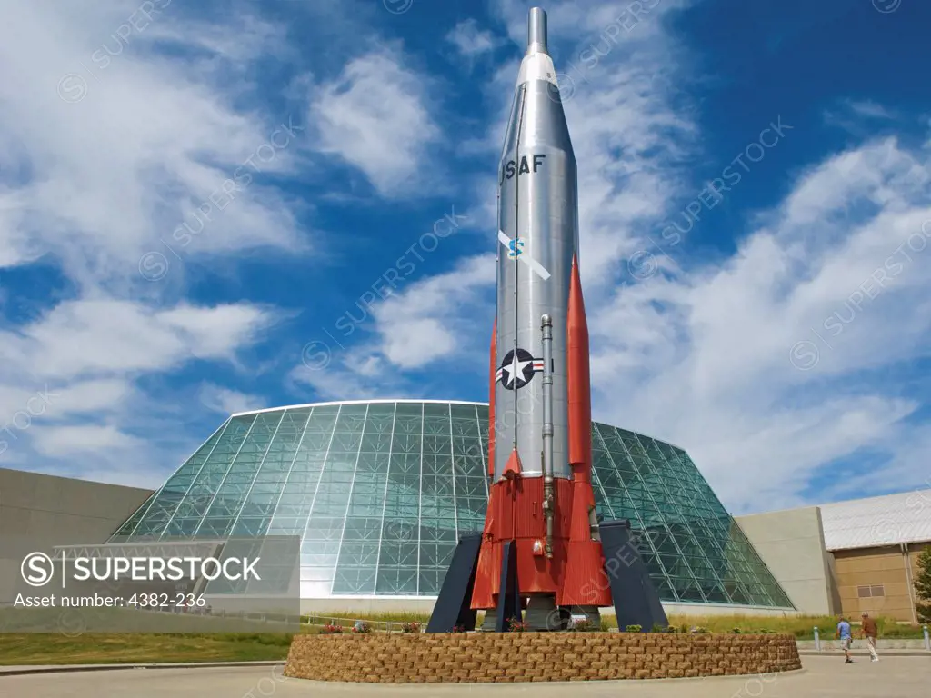 The entrance to the Strategic Air and Space Museum in Ashland, Nebraska. The museum, 300,000 square feet, is fronted by a large glass atrium and displays an Atlas rocket out front. (U.S. Air Force Photo by Staff Sgt. Bennie J. Davis III)