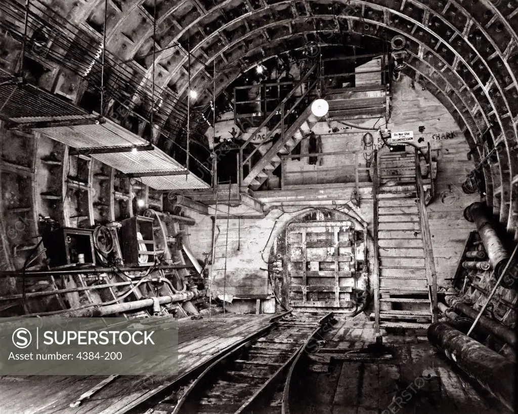 Historical image from the Center for Disease Control's (CDC), National Institute for Occupational Safety and Health (NIOSH), the South Tunnel bulkhead, locks and platform of the Queens Midtown Tunnel, in Queens, New York.