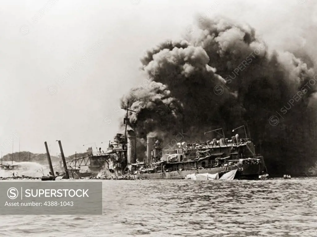 Ships Burning and Sinking After Attack on Pearl Harbor