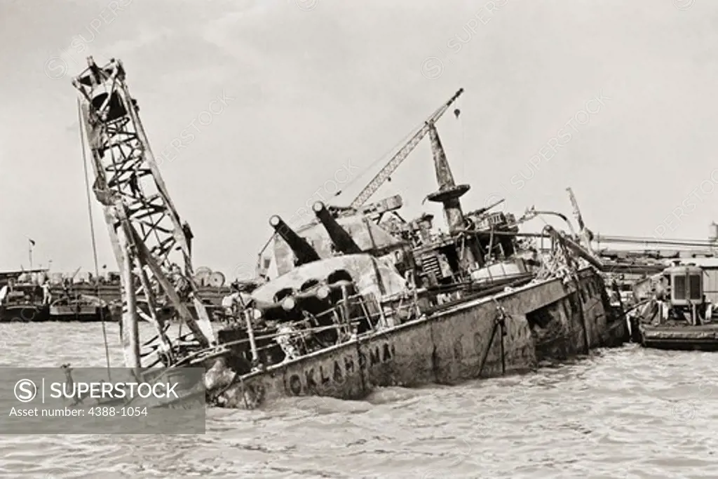 Partially Sunken U.S.S. Oklahoma After Attack on Pearl Harbor
