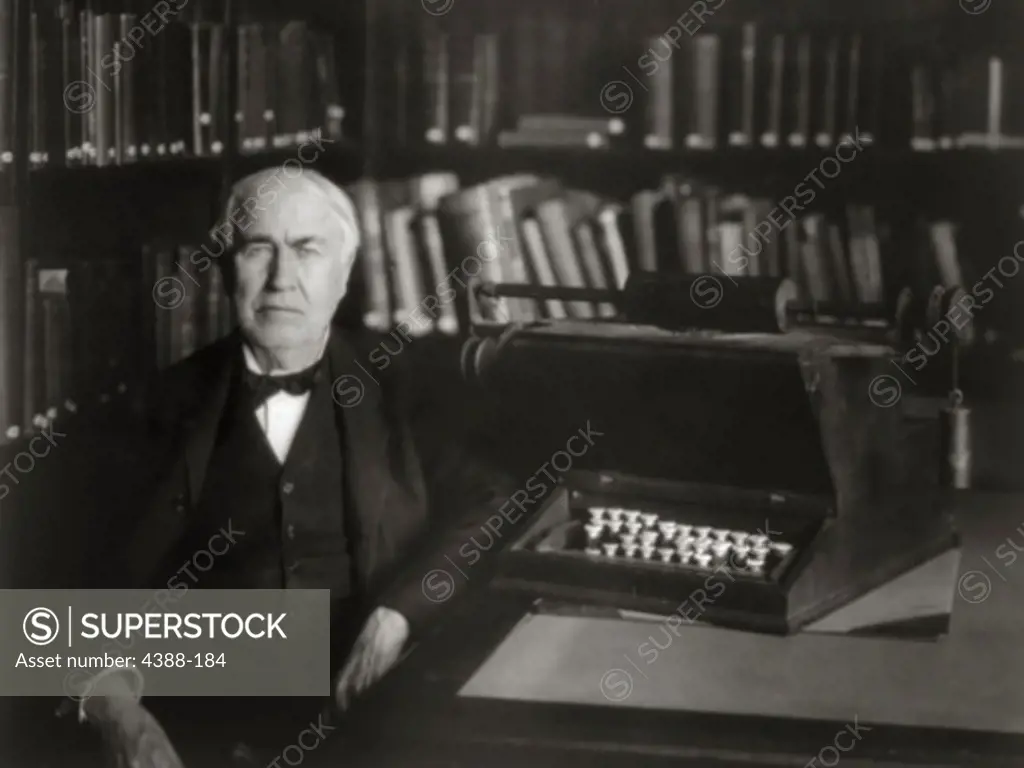 Inventor Thomas Edison in Study with Electric Typewriter