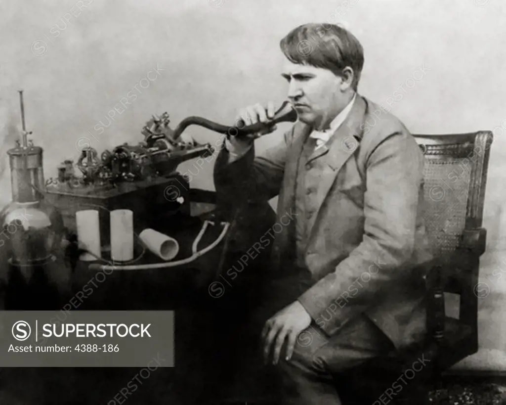 Thomas Edison Using Early Recording Phonograph