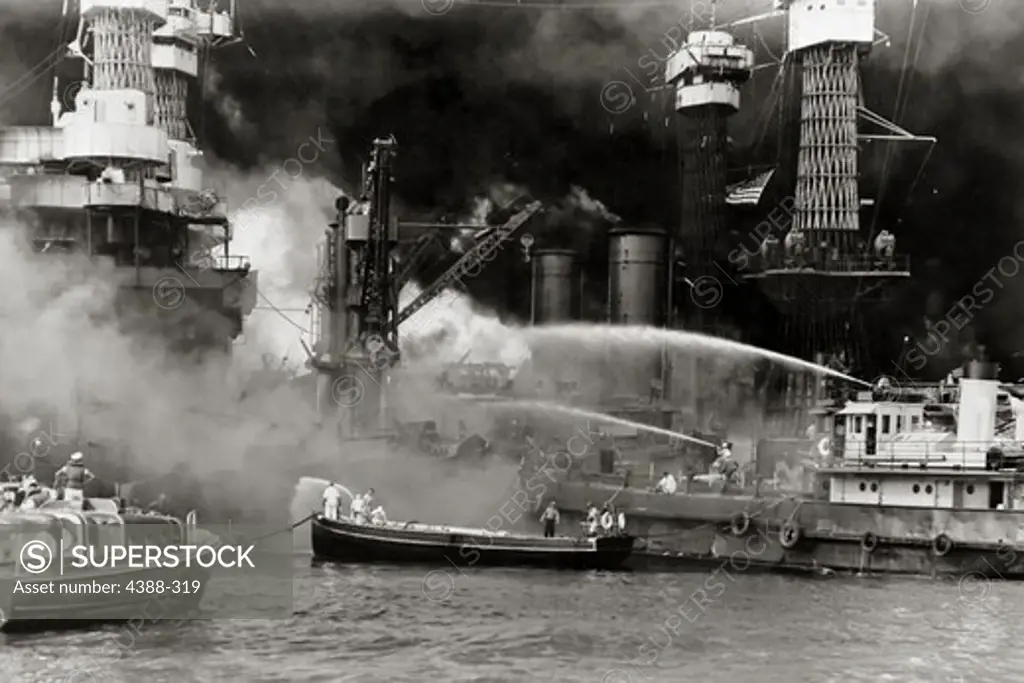 USS West Virginia Burning in Pearl Harbor