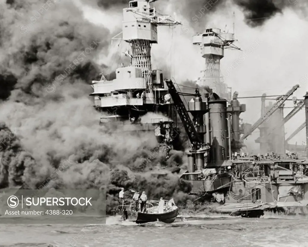 USS West Virginia Burning in Pearl Harbor