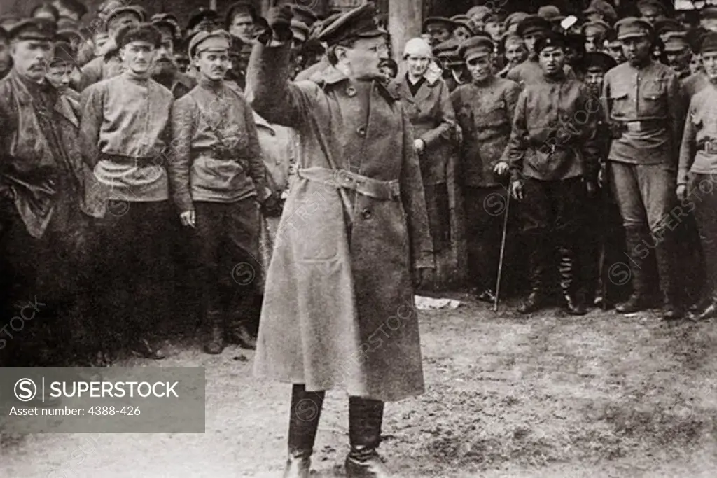 Leon Trotsky, head of the Red Army, addressed the Red Guard in 1918 during the Russian Civil War.
