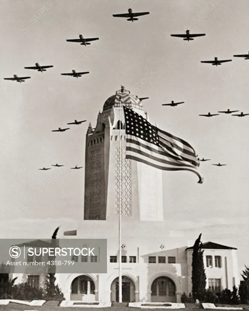 Fighter Planes Over Administration Building and Flag
