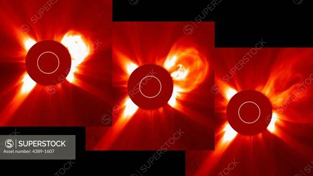 These three images from the   Solar and Heliospheric Observatory (SOHO) satellite taken over two hours by the LASCO (Large Angle and Spectrometric Coronagraph) C2 instrument show a rapidly expanding coronal mass ejection (CME) blasting billions of tons of particles out from the Sun at over a million kilometers per hour. This is just one of a number of CMEs that occurred during the past week. The Sun, blocked by an occulting disk, is represented by the white circle. The breadth of view of the C2