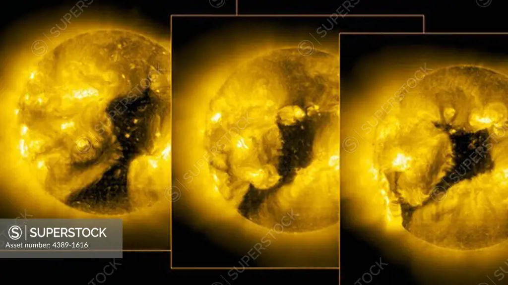 Coronal holes appear as dark areas of the corona when viewed in ultraviolet light (at 284 angstroms). This extended hole has lasted through three solar rotations (almost 3 months- longer than most) and is one of the largest seen by the Solar and Heliospheric Observatory (SOHO). Although they are usually located at the poles of the Sun, coronal holes can occur other places as well. The magnetic field lines in a coronal hole extend out into the solar wind rather than coming back down to the Sun's