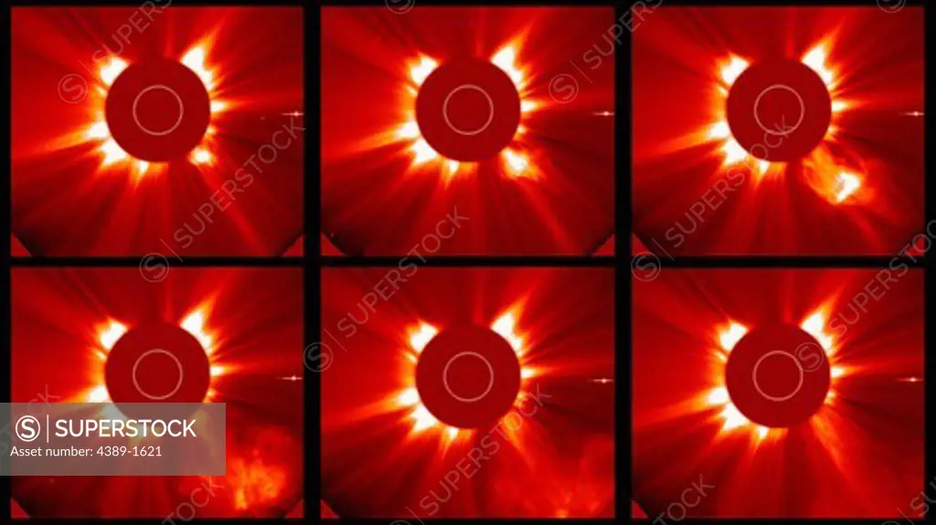 This (Large Angle and Spectrometric Coronagraph) LASCO C2 sequence of six consecutive images taken over one and a half hours on 11 November 2002 shows  the propagation of a coronal mass ejection (CME) associated with a relatively small M1 flare. Flares are intense releases of radiant energy, often associated with violent mass motions such as eruptive prominences and CME's. The bright material in the center of the outward-propagating CME is probably denser, cooler prominence material. The Sun, bl