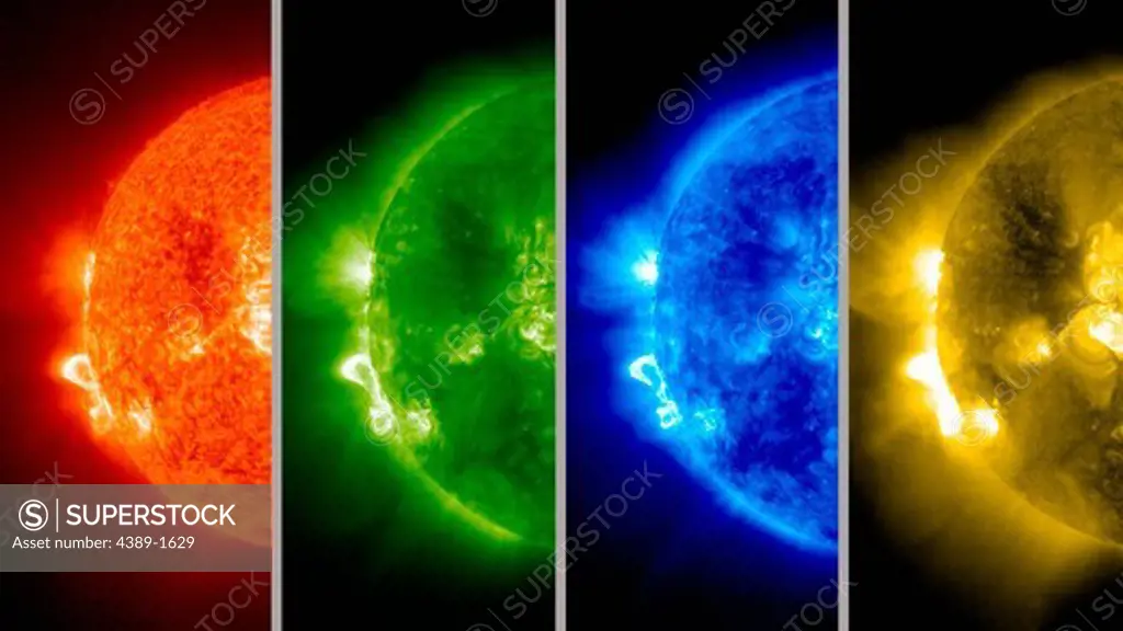 Four different views of an active region on the limb of the Sun, just coming into view, all in extreme ultraviolet wavelengths of 304 angstroms (red, ionized helium), 195 angstroms (green, ionized iron), 171 angstroms (blue, ionized iron) and 284 angstroms (yellow, also ionized iron).