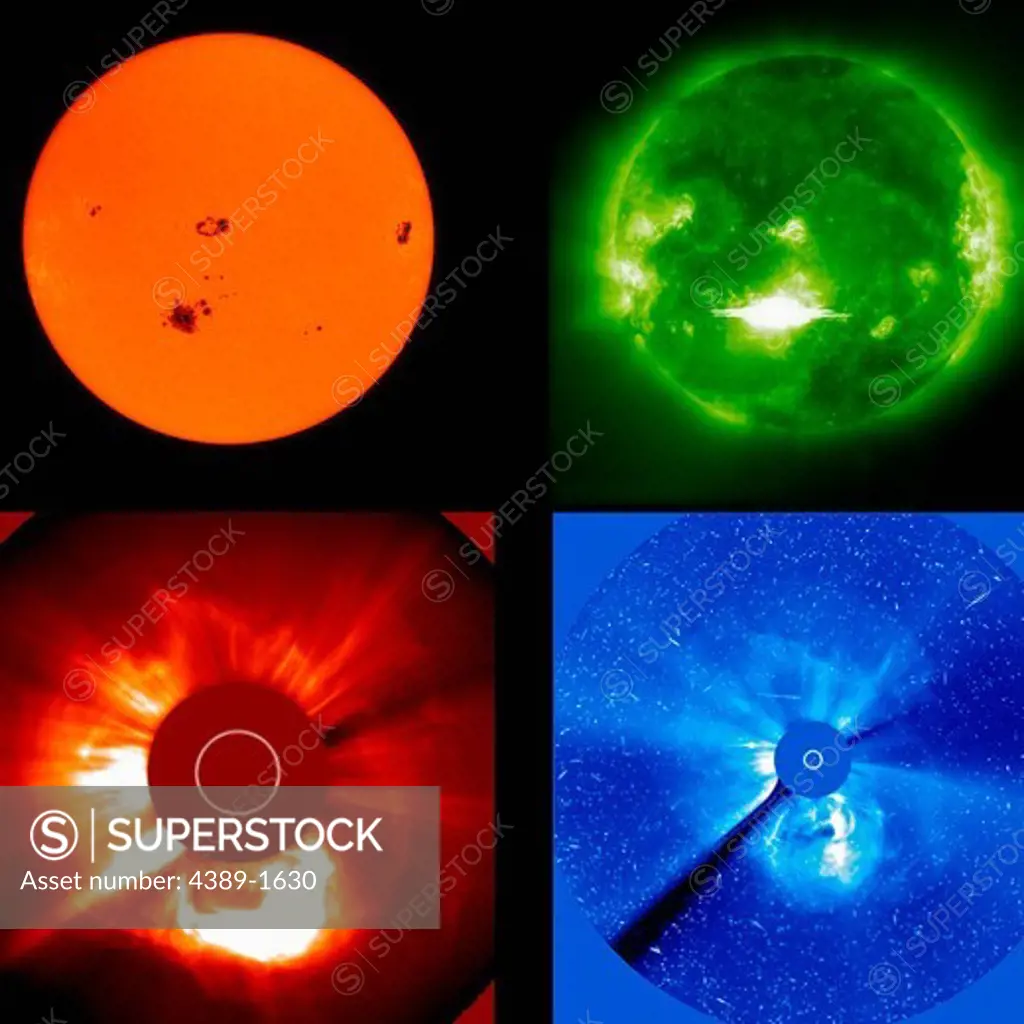 An active region in the Sun (lower left area in these images) unleashed the second largest solar flare observed by the Solar and Heliospheric Observatory (SOHO). The upper left image in visible light shows the large sunspot associated with the flare, the green image in extreme ultraviolet (195 angstroms, ionized iron) shows the flash of the flare, and the Large Angle and Spectrometric Coronagraph (LASCO) cameras show the flare around the Sun - represented as a white circle - in red (304 angstrom