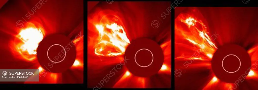 A series of three (Large Angle and Spectrometric Coronagraph) LASCO C2 images shows a large coronal mass ejection, showing the structures of the expanding cloud unusually strong and clearly defined. The white circle represents the size of the Sun.