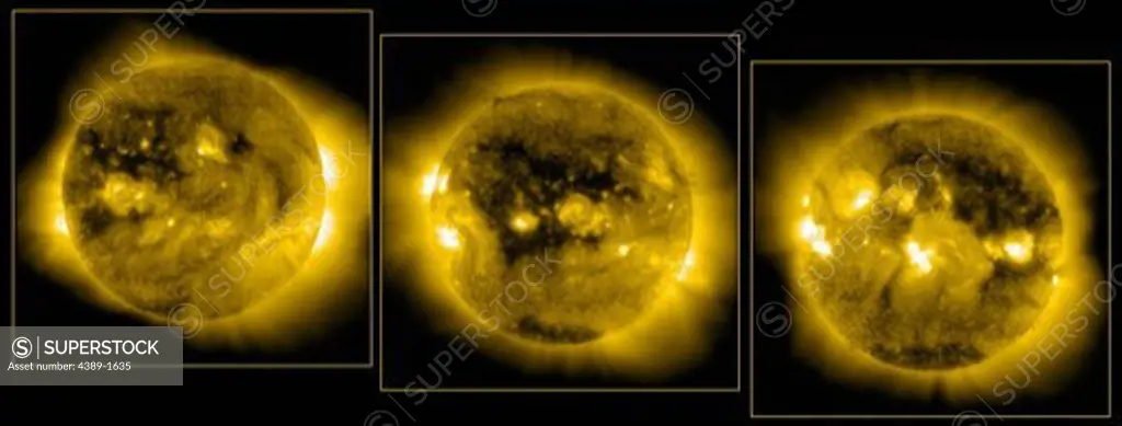 Coronal holes appear as dark areas of the corona when viewed in ultraviolet light and in X-rays. Coronal holes are the source of strong solar wind gusts that carry solar particles out to our magnetosphere and beyond. These images are over the span of a week, and are Extreme ultraviolet Imaging Telescope (EIT) of the Solar and Heliospheric Observatory (SOHO), at a wavelength of 284 angstroms.