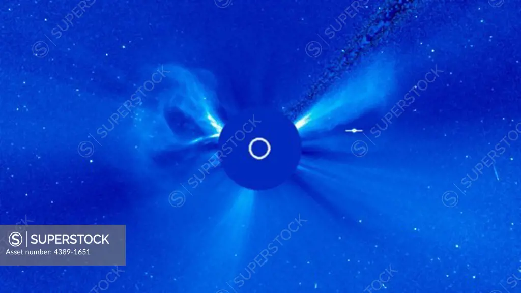 This C3 coronagraph of the Solar and Heliospheric Observatory (SOHO) shows jet of particles of around 10 coronal mass ejections which took place on the part of the Sun facing away from Earth. The white circle represents the size and position of the Sun, while the blue disk blocks the light, showing the fainter structure of the corona. The coronal mass ejections launch billions of tons of matter at millions of miles per hour.