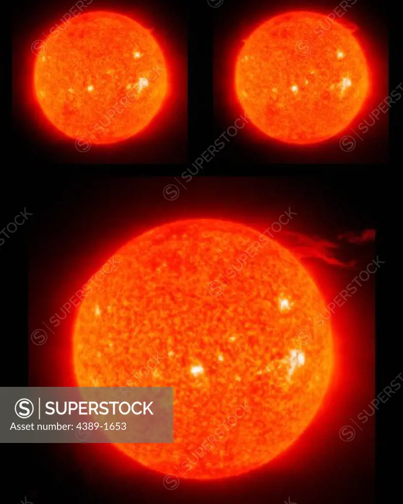 On December 18-19, 2005 the Sun produced a nicely elongated plume of gases that appeared and erupted over a period of 11 hours. We call these eruptive prominences. In these images we are observing the Sun in extreme ultraviolet light in the 304 Angstrom wavelength - the material imaged is actually ionized helium at about 60,000 C, not far above the surface of the Sun. But of course the elongated plume reaches far beyond the Sun, several hundred thousand miles or about 35 times the size of the Ea