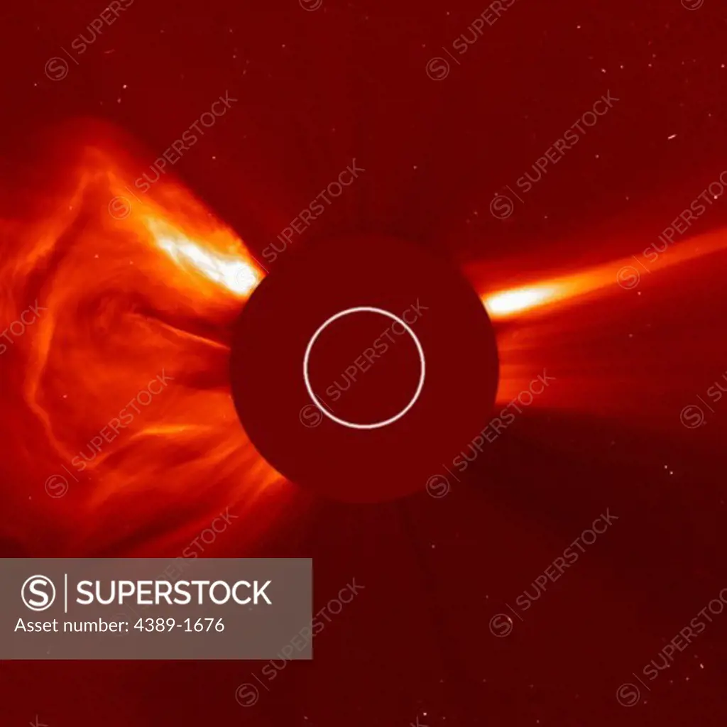 A bright and expansive coronal mass ejection (CME) unfurled itself over about an eight-hour period. As seen in Solar and Heliospheric Observatory (SOHO)'s LASCO C2 coronagraph, the bright front emerged in the shape of an arc from behind the occulting disk but soon expanded into a ragged, bulbous shape with lots of structural lines inside it. (The Sun is represented by the white circle in the center of the red occulting disk.)