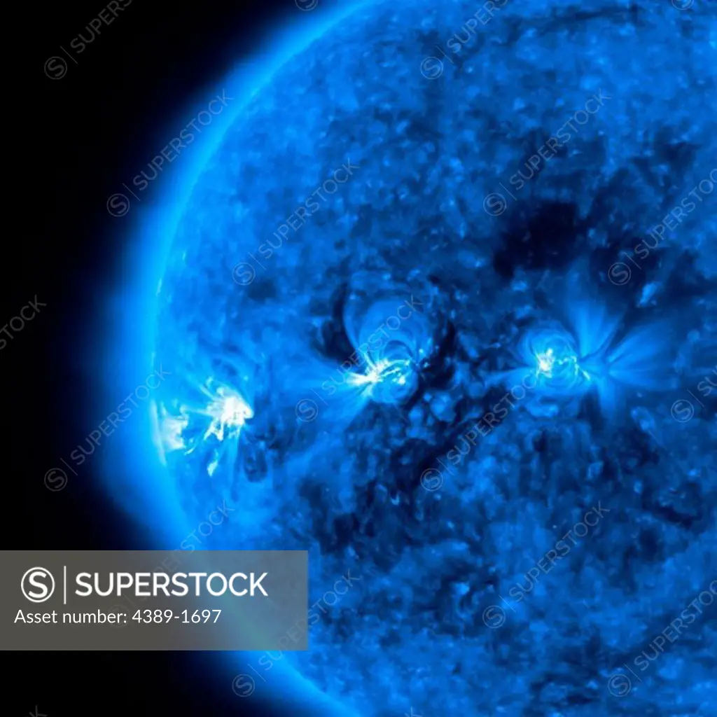 A line of loop-producing regions line up on the Sun. The bright area on the left was the site of a large solar flare and coronal mass ejection. The image was taken by a Solar Terrestrial Relations Observatory (STEREO) spacecraft in extreme ultraviolet at 171 angstroms.