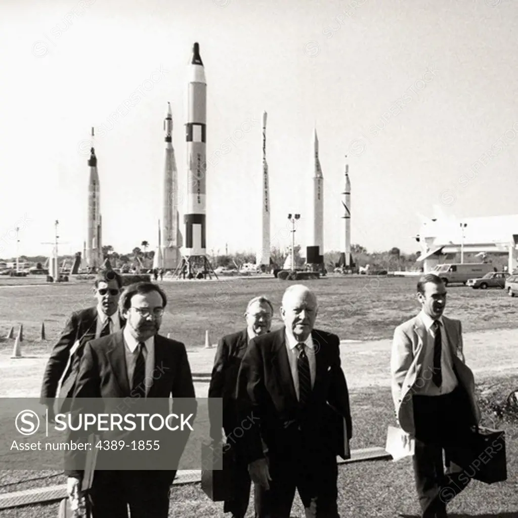 Members of the Rogers Commission arrive at Kennedy Space Center