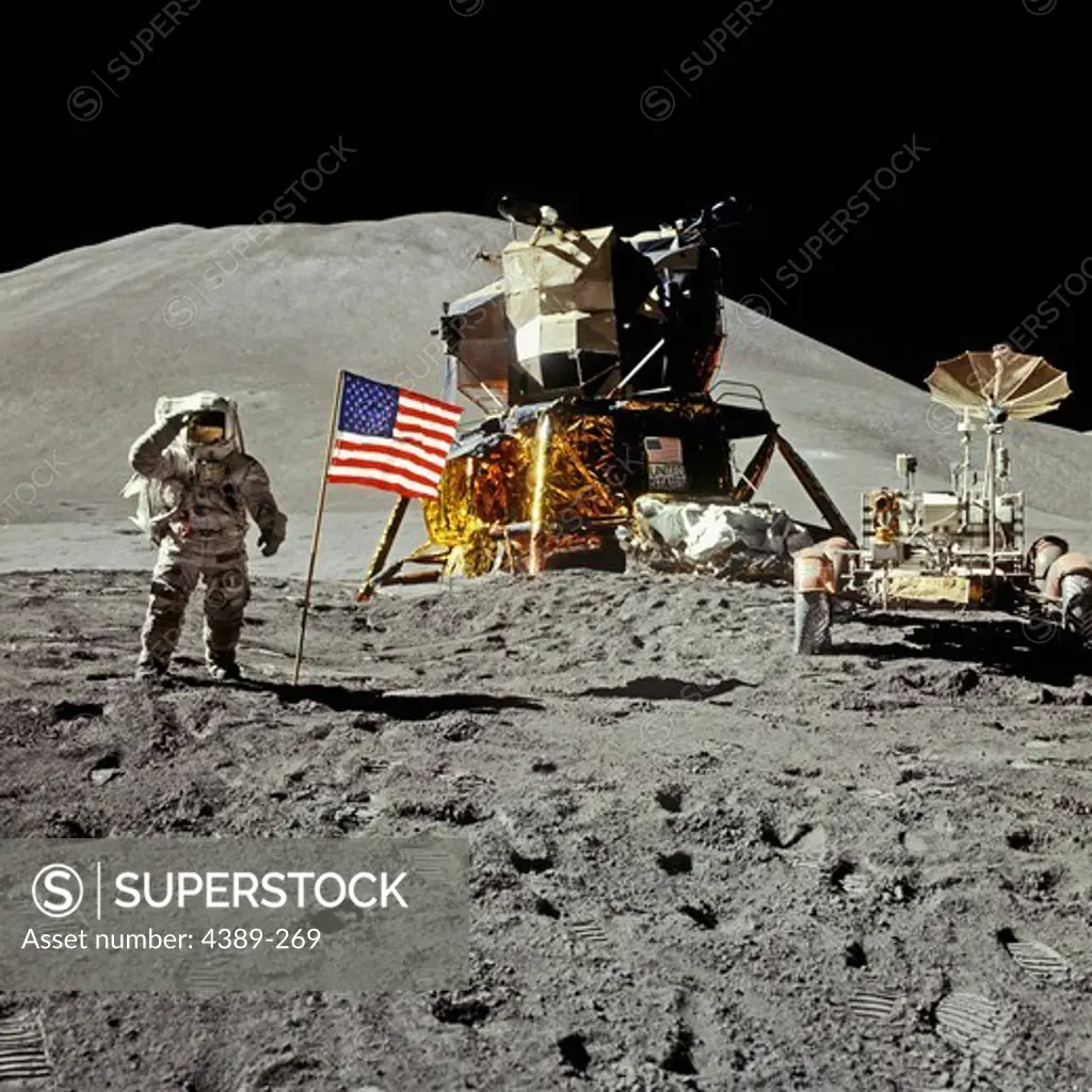 Apollo 15 Astronaut Saluting on the Moon With the Lunar Lander Falcon and Rover