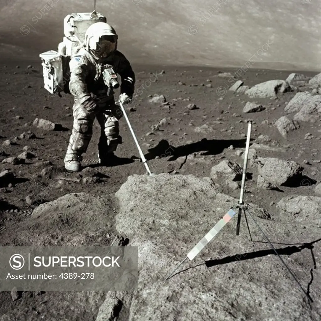 Apollo 17 Astronaut Takes a Lunar Core Sample