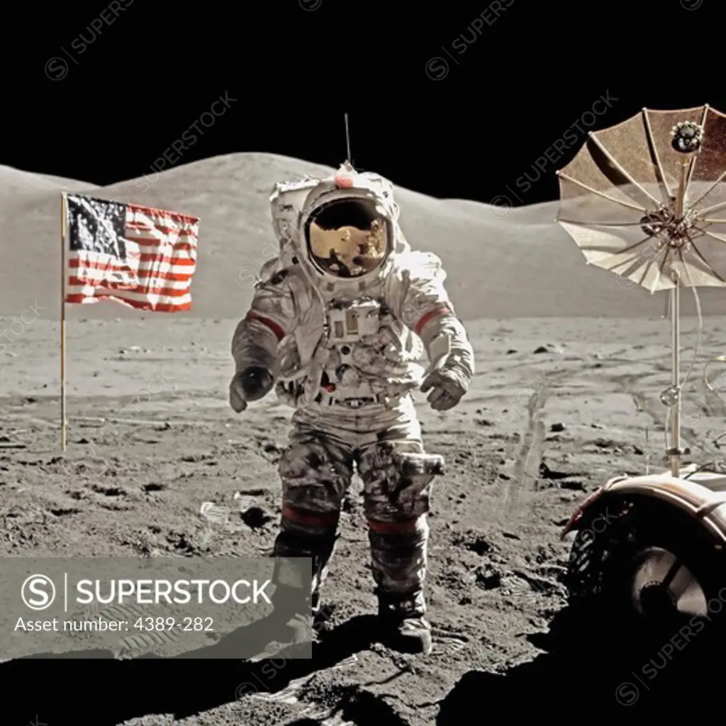 Apollo 17 Astronaut, American Flag, and Rover