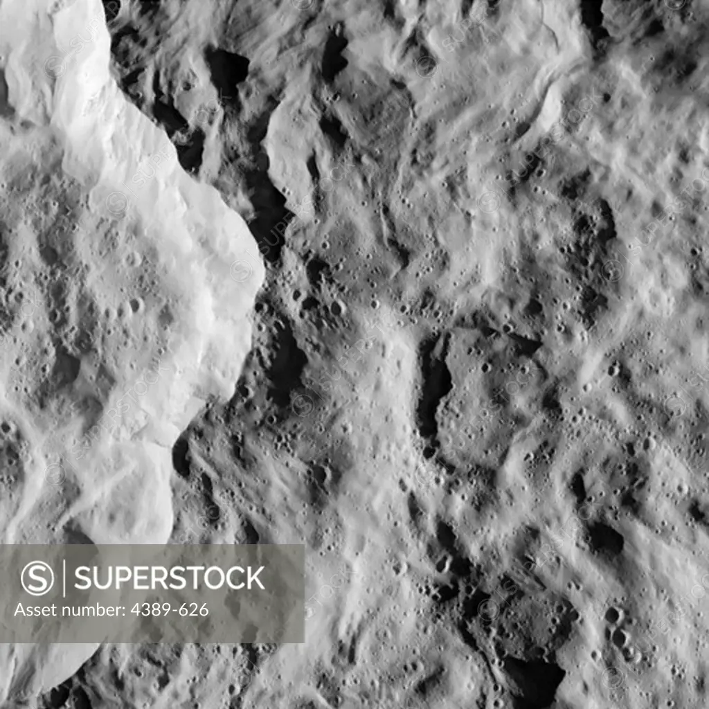 Close-Up of Crater on Surface of Rhea