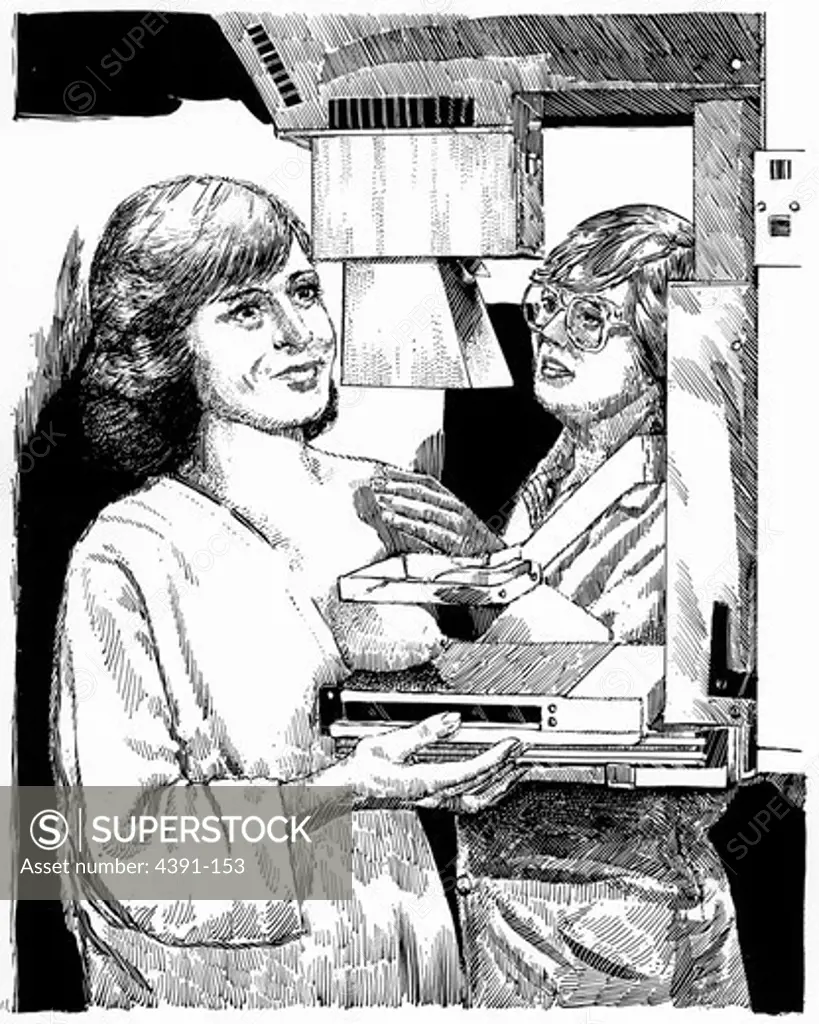 A pen and ink drawing showing a woman getting a mammogam and assisted by a radiology technician.  Illustration by Al Louang.
