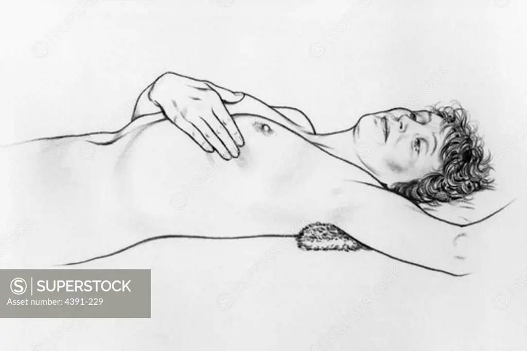 A reclining woman feels her breast for lumps, part of a series on how to conduct a breast self exam