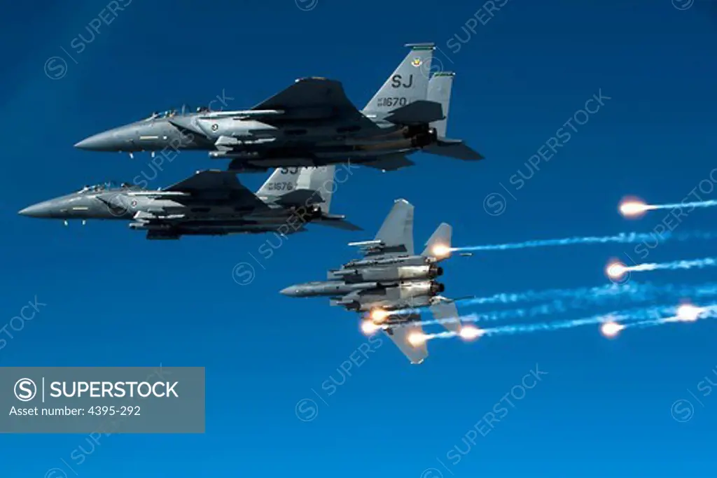 A U.S. Air Force F-15E Strike Eagle aircraft from the 335th Fighter Squadron releases flares during a training mission over North Carolina Dec. 17, 2010. (U.S. Air Force photo by Staff Sgt. Michael B. Keller/Released)
