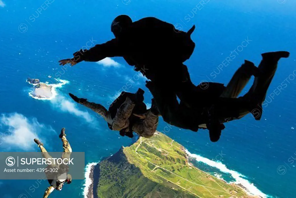 Air Force pararescuemen from 103rd Rescue Squadron, 106th Rescue Wing, New York Air National Guard, and West Coast-based Navy SEALs leap from the ramp of an Air Force C-17 transport aircraft during free-fall parachute training over Marine Corps Base Hawaii, Jan. 21, 2011.