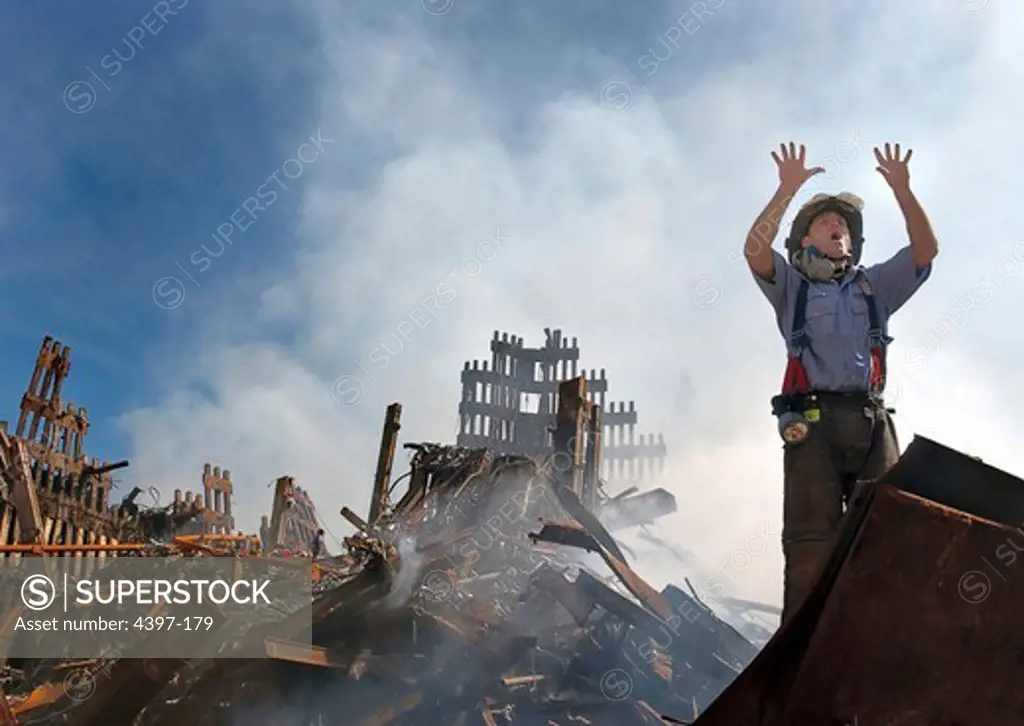 Firefighter in Wreckage of World Trade Center